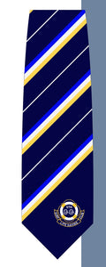 Navy blue tie with gold and white stripes and a logo on a gray background