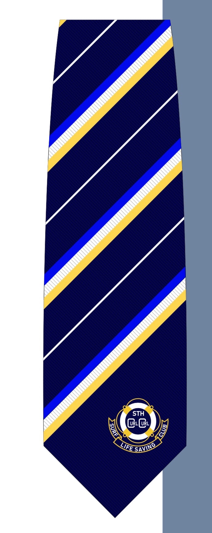 Navy blue tie with gold and white stripes and a logo on a gray background