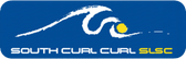 Logo of South Curl Curl SLSC with a wave and swimmer design on a blue background